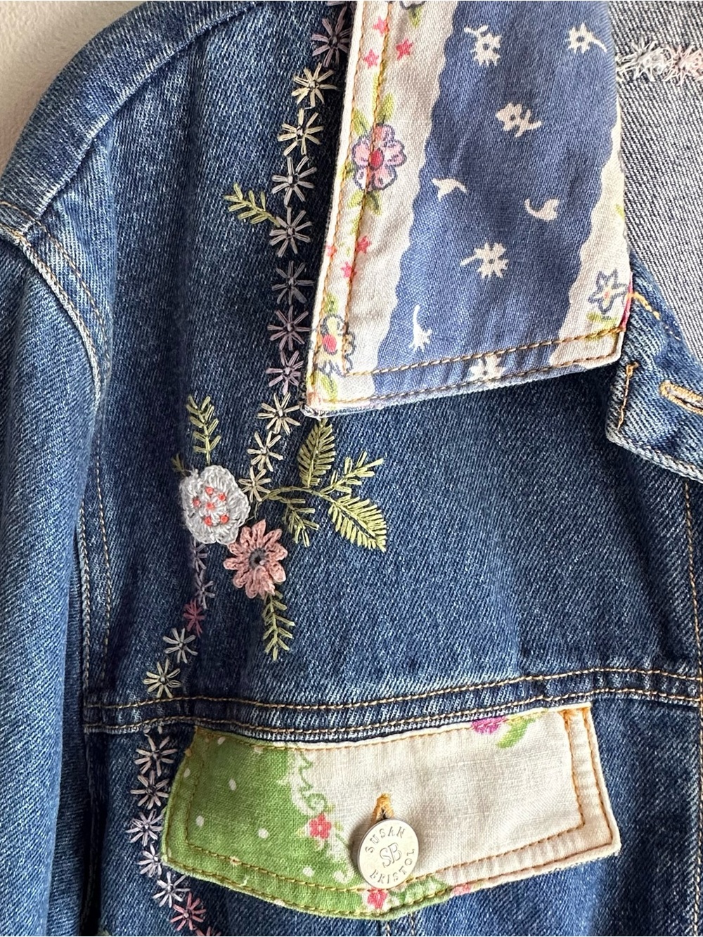 Susan Bristol Floral Embroidered Patchwork Denim Jacket boho cottagecore - Picture 3 of 4